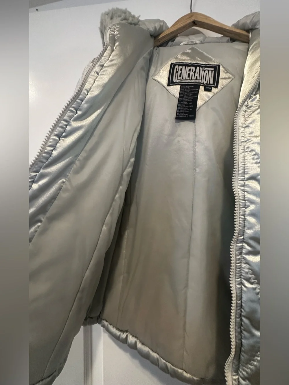 GENERATION Y Shimmery Silver Quilted Puffer with Faux Fur Trim